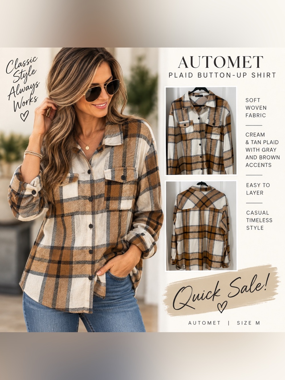 Cream and Tan Plaid Button-Up Shirt